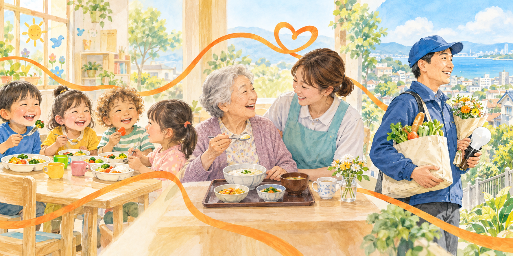 幼稚園給食、高齢者のお食事、買い物支援をつなぐ手描きイラスト