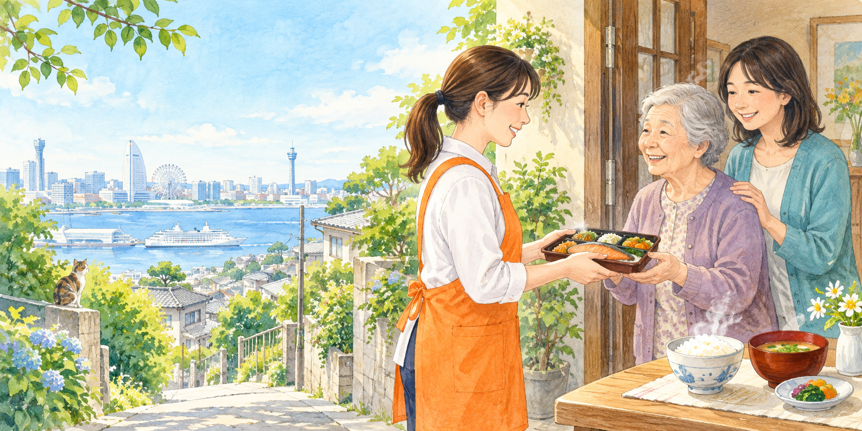配達スタッフがご高齢のお客様へ温かな食事を手渡す手描きイラスト